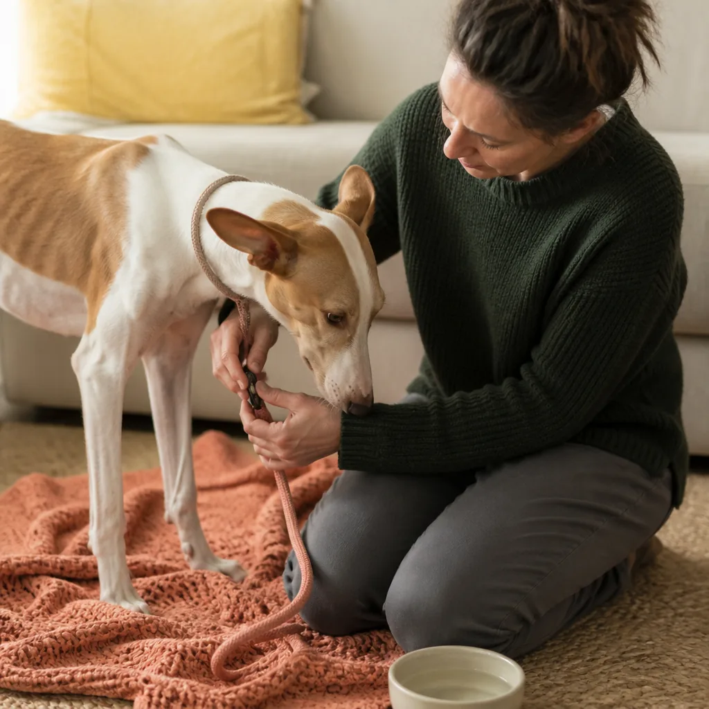 Un propriétaire récompense son chien adopté avec une friandise lors d'un apprentissage calme